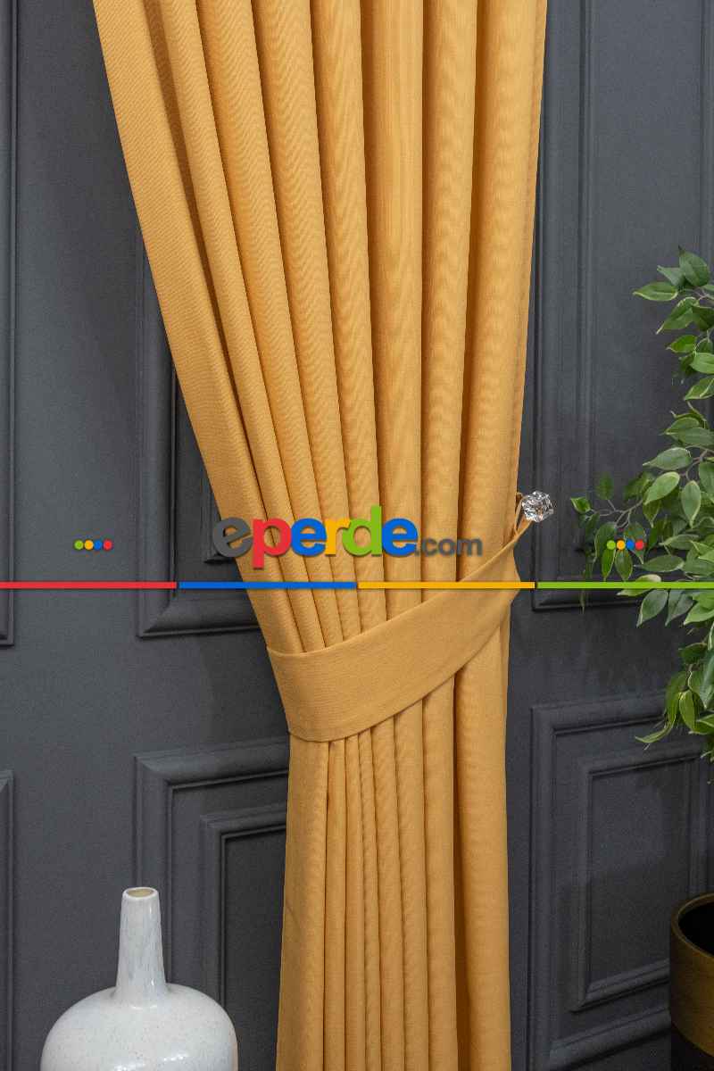 Oturma Odası Keten Sarı Renk Düz Fon Perde- Hardal