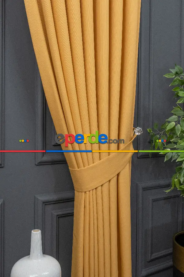 Yatak Odası - Keten Sarı Renk Düz Fon Perde- Hardal