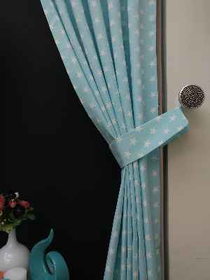 Açık Mavi-beyaz Yıldız Desenli Fon Perde ( Leke Tutmaz )- Mavi Açık