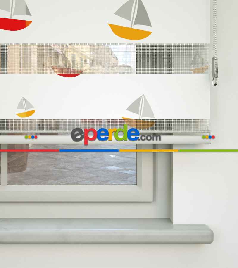 Bebek Odası Zebra Perde - Yelkenli Baskılı Zebra Perde- Kırmızı-Sarı-Beyaz-Gri Açık