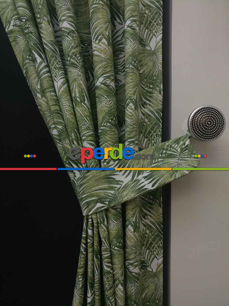 Tropikal Yaprak Desenli Fon Perde(leke Tutmaz)- Yeşil-beyaz