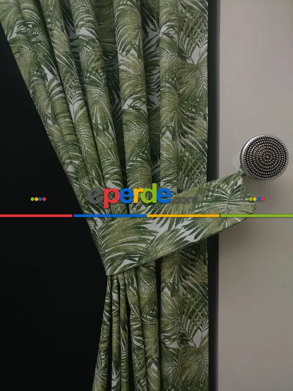 Salon Fon Perde - Tropikal Yaprak Desenli Fon Perde(leke Tutmaz)- Yeşil