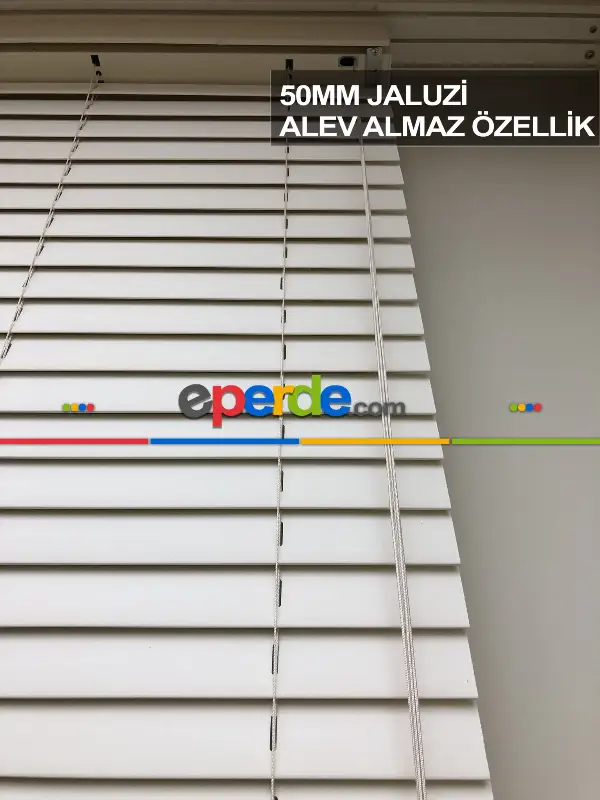 50mm Krem Ahşap Efektli Jaluzi Perde Alev Almaz Özellik- Krem
