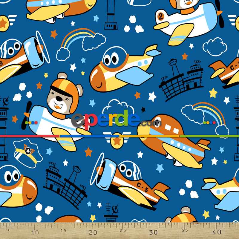 Uçak Desenli Fon Perde Evm839 Kumaşı Kalındır Duck Bezi Değildir- Mavi-Sarı-Beyaz