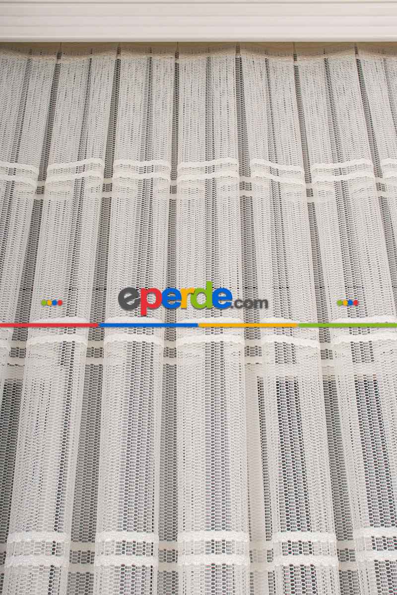 Salon Tül Modelleri - Clara Enine Bantlı Örme Tül Perde Ütü İstemez
