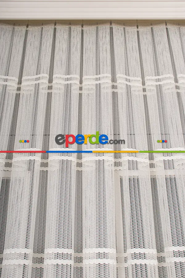 Salon Tül Modelleri - Clara Enine Bantlı Örme Tül Perde Ütü İstemez