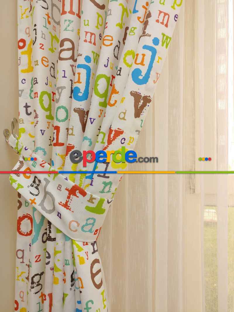 Bebek Odası Fon - Harf Desen Fon Perde ( Kalın Pamuklu Kumaş)- Gri-Füme-Antrasit