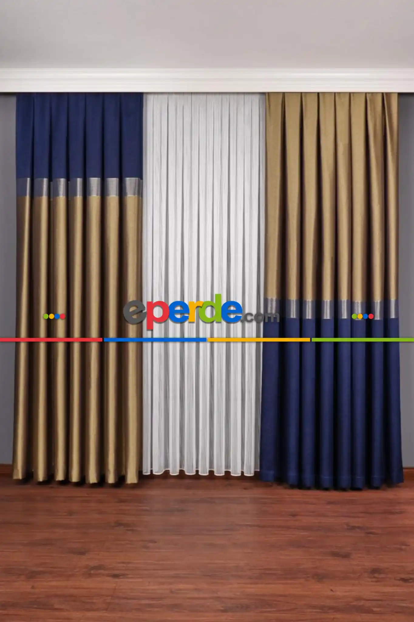 Lacivert Gold Gri, Düz Bordürlü Fon Perde - İstediğiniz Boy Ölçüsünde Dikilir - Adet Fiyatıdır - 50 İla 100cm, Sık Pile Eninde Seçenekli 50cm X 1cm 