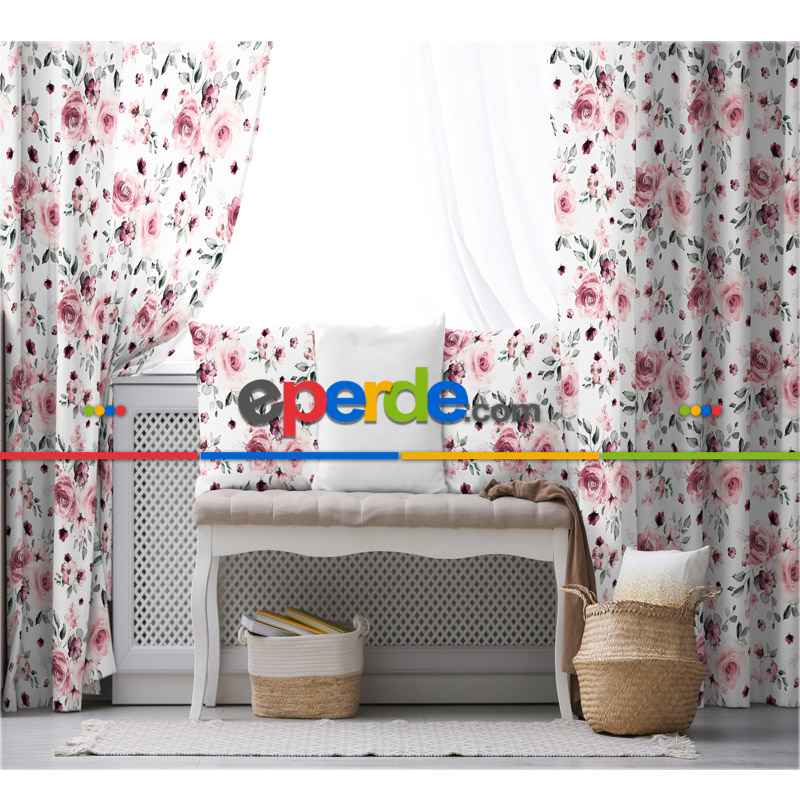 Çiçek Desenli Fon Perde Evim502 Kumaşı Kalındır Duck Bezi Değildir- Mavi-beyaz