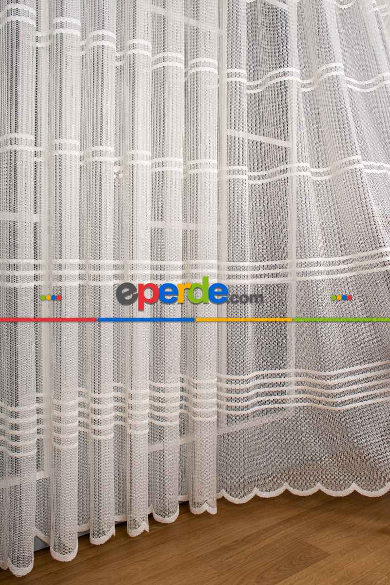 Salon Tül Modelleri - Clara Enine Bantlı Örme Tül Perde Ütü İstemez