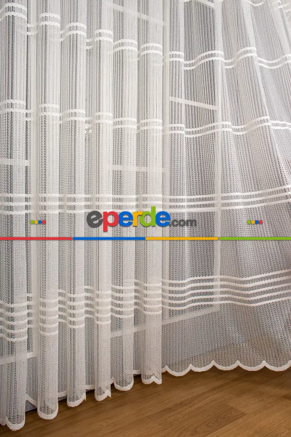 Salon Tül Modelleri - Clara Enine Bantlı Örme Tül Perde Ütü İstemez