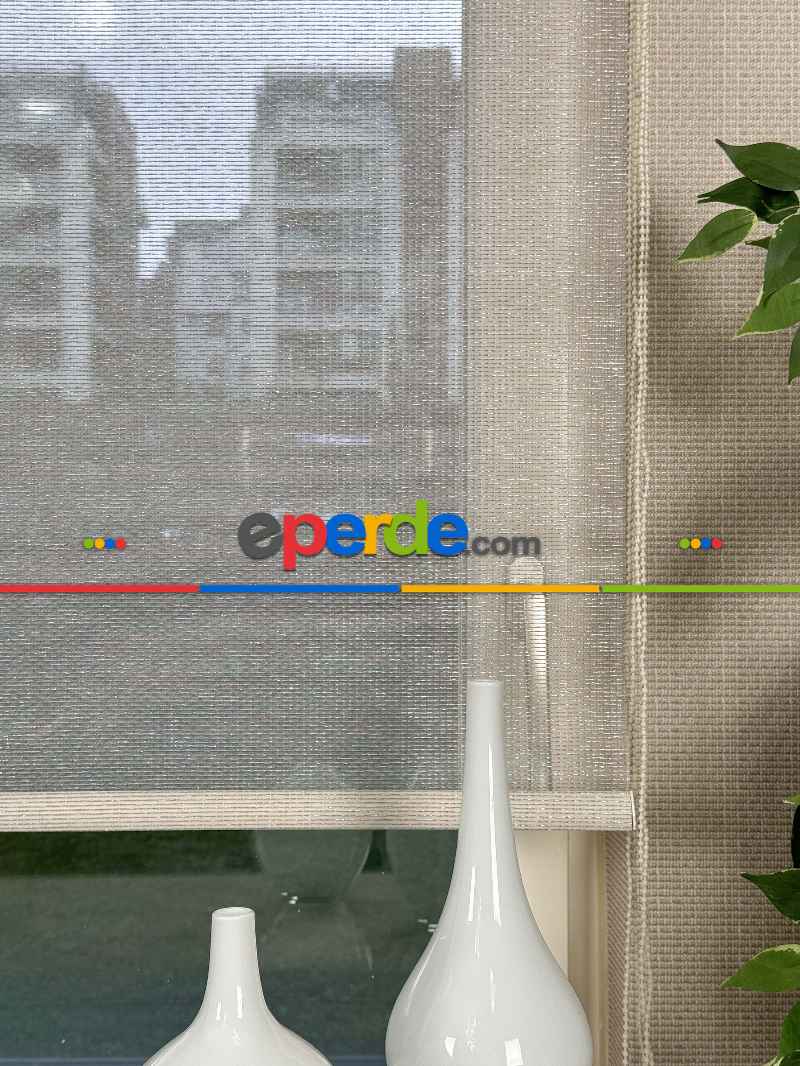 Ekru Krem Simli Çiftli Sistem Tül Stor Perde, Standart Metal Kasalı Yüksek Kalite Kornişe Kolay Montaj Seçenekli