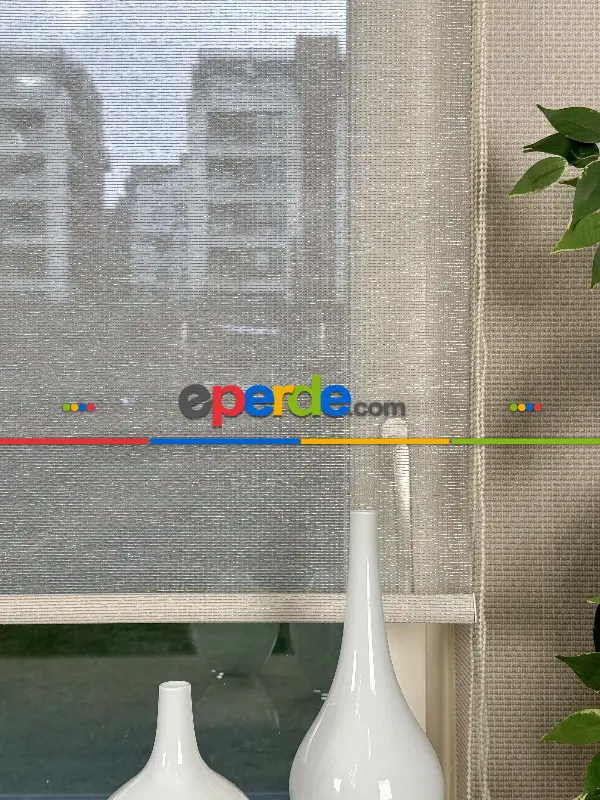 Ekru Krem Çiftli Sistem Tül Stor Perde, Standart Metal Kasalı Yüksek Kalite Kornişe Kolay Montaj Seçenekli