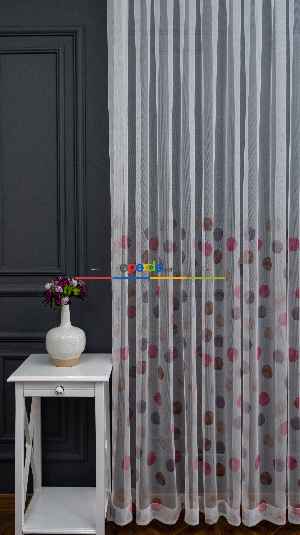 Hazır Ölçülü Petek Zemin Kahverengi Ve Pembe Renkli Puantiye Desenli Grek Baskılı Tül Perde