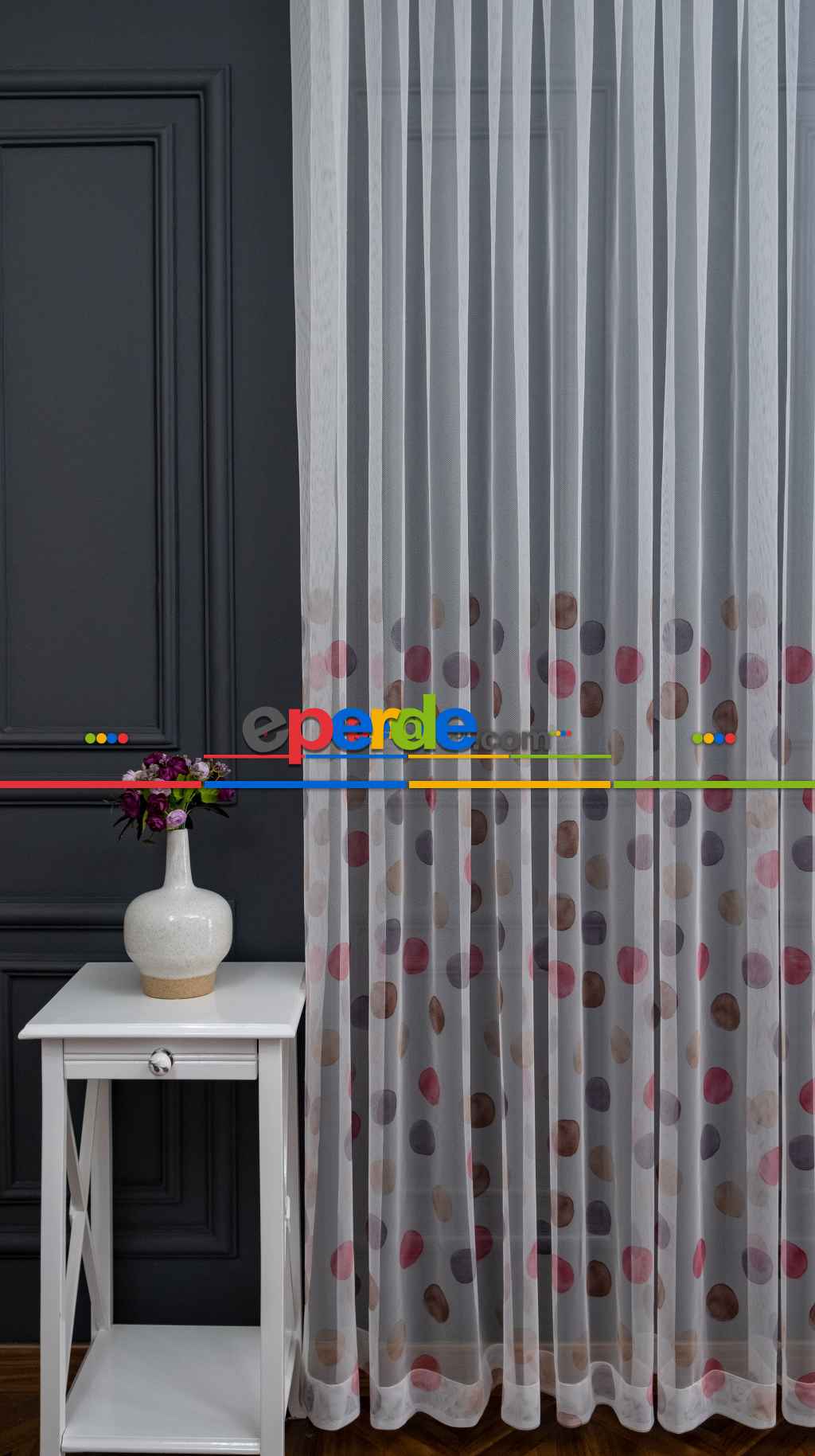 Hazır Ölçülü Petek Zemin Kahverengi Ve Pembe Renkli Puantiye Desenli Grek Baskılı Tül Perde