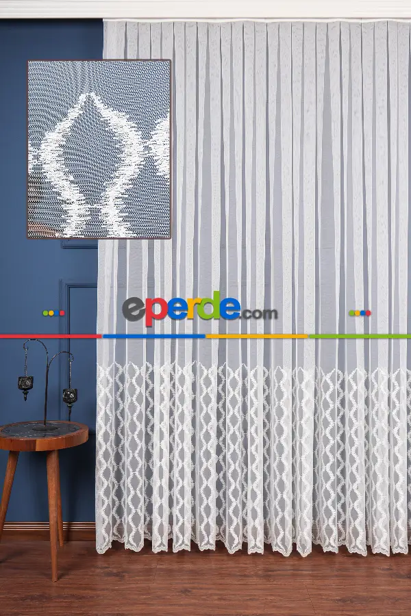 Salon Tül Modelleri - Eteği Duble Nakış Işlemeli Tül Perde