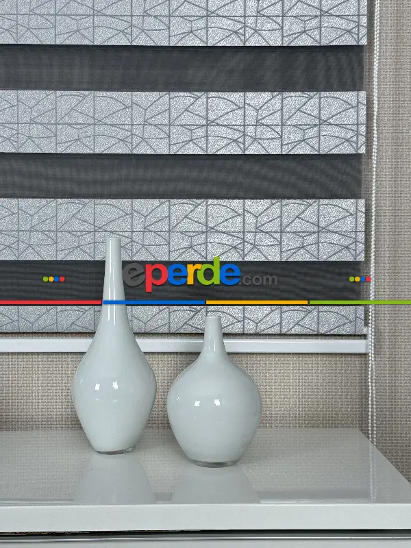 Yatak Odası Gri Parlak Geometrik Jakar Dokuma Zebra Perde, Standart Metal Kasalı Yüksek Kalite Kornişe Kolay Montaj Seçenekli