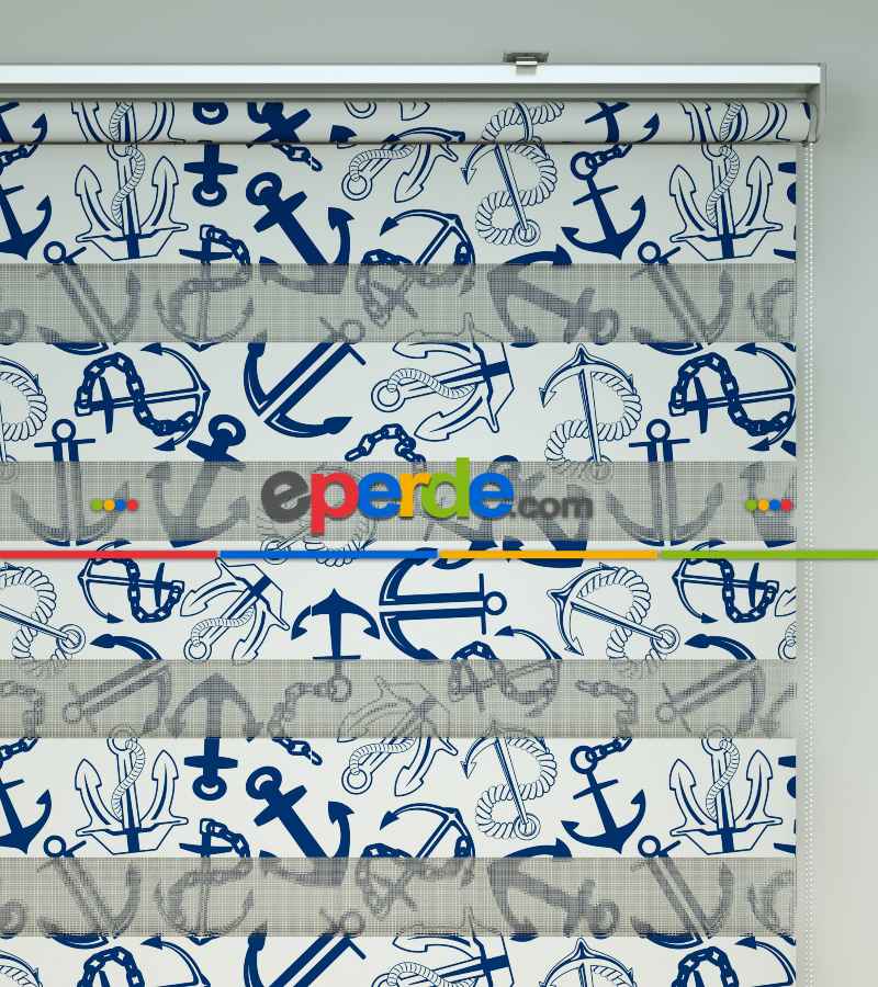 Çapa Baskılı Zebra Perde- Mavi-beyaz