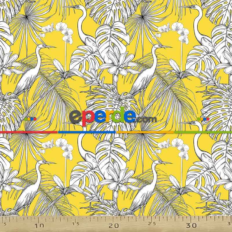 Leylek Ve Tropikal Desenli Fon Perde Evm706 Kumaşı Kalındır Duck Bezi Değildir- Sarı-Beyaz
