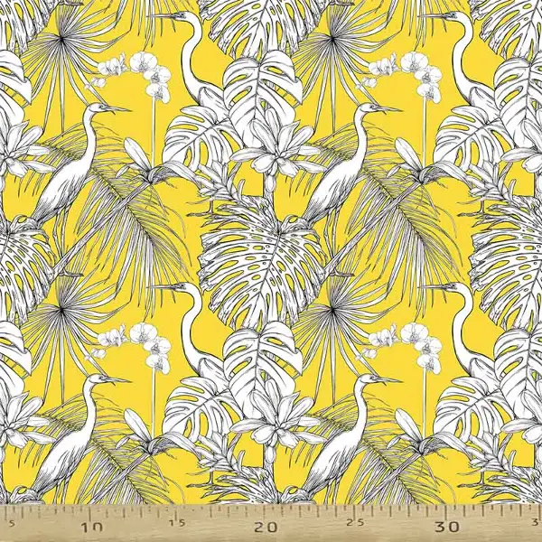Leylek Ve Tropikal Desenli Fon Perde Evm706 Kumaşı Kalındır Duck Bezi Değildir- Sarı-Beyaz