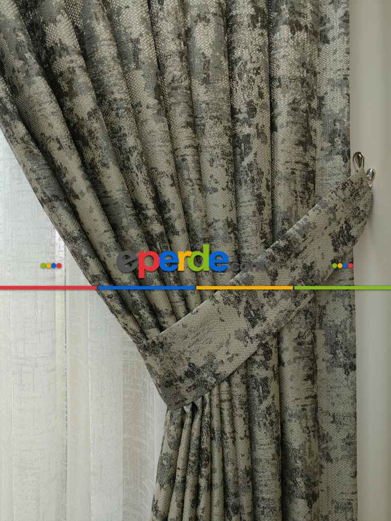 Salon Fon Perde - Siyah Gri Desenli Jakar Fon Perde (180)- Kahve Venge