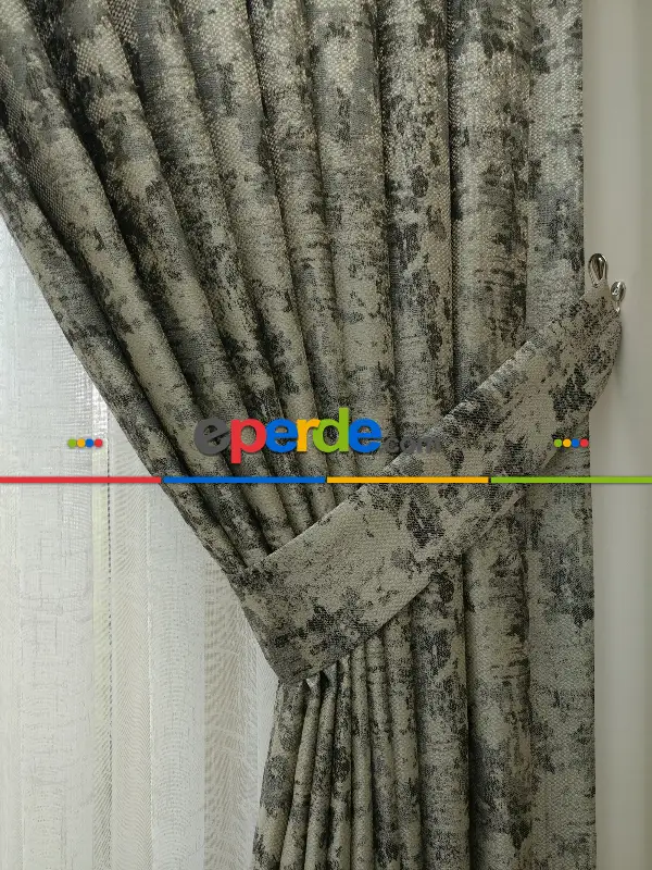 Patine Desenli Gri Desenli Jakar Fon Perde (180)- Gri