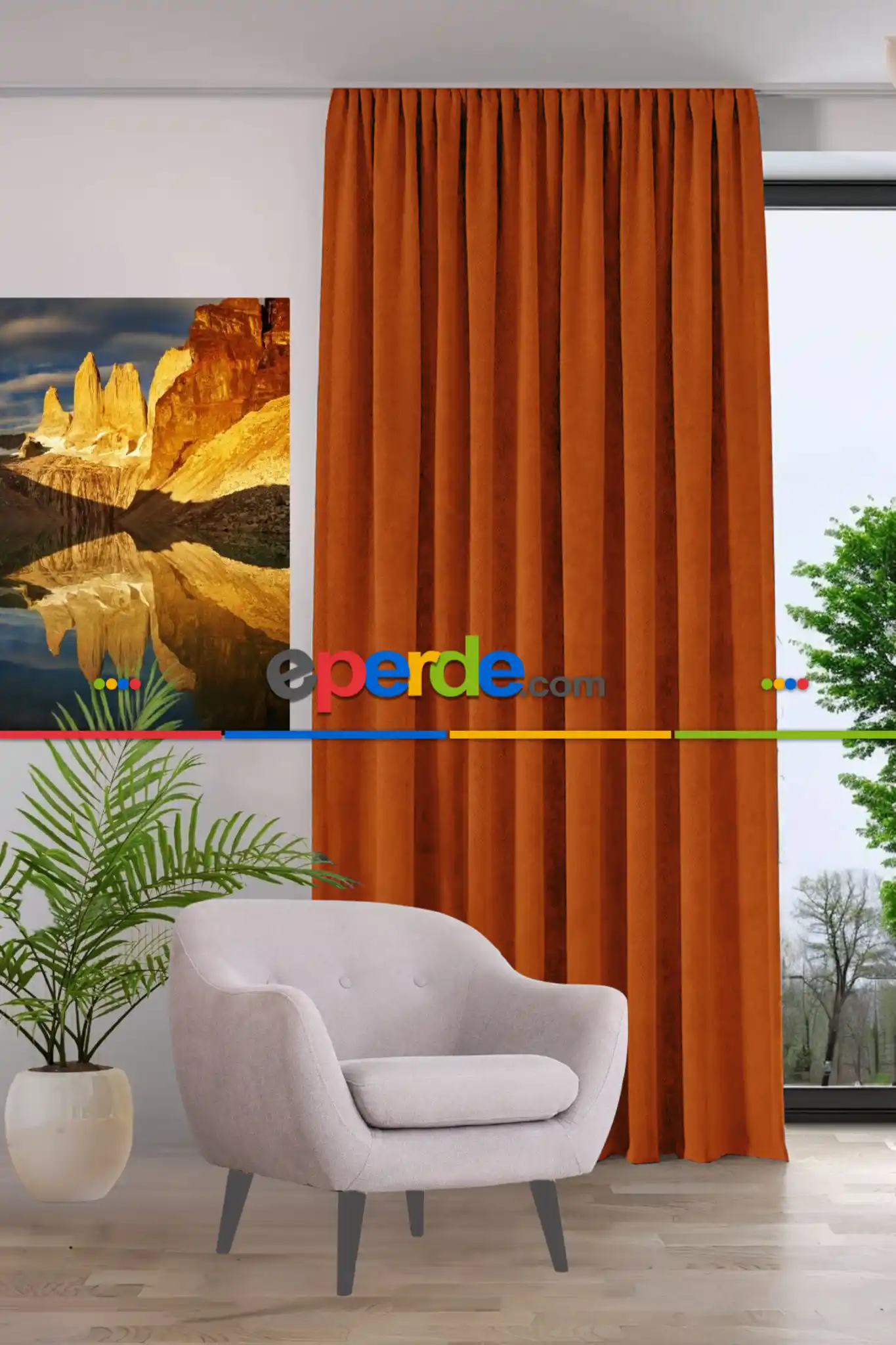 Kadife Dokulu Fon Perde Pilesiz Tek Kanat Kiremit