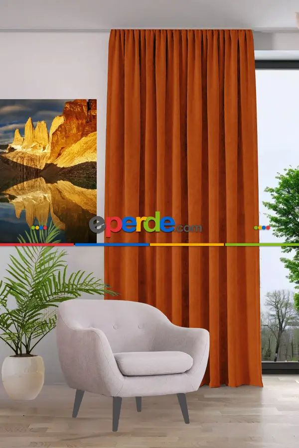 Yatak Odası - Kadife Dokulu Fon Perde Pilesiz Tek Kanat Kiremit