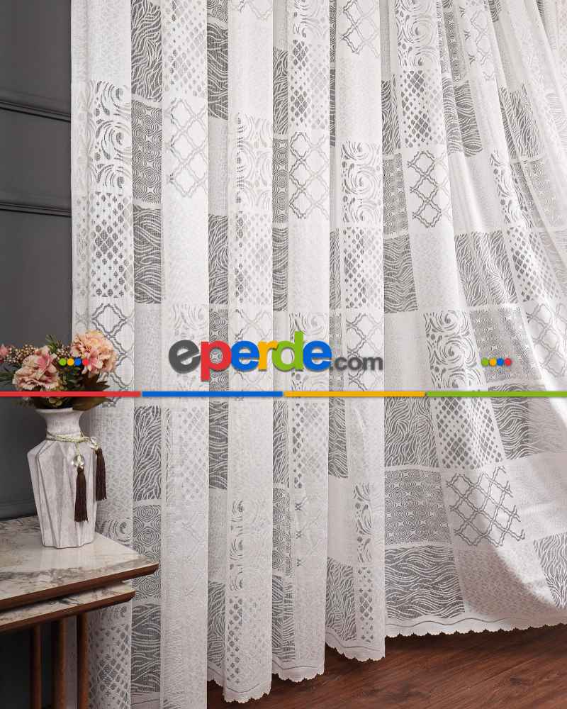 Tül Perde - Desenli Tül - Örme Tül - Patchwork Desen