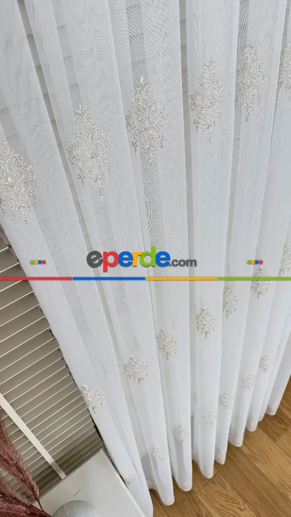 Ekru Altın Özel Dokuma, Özel İplik Brode İşlemeli Tül Perde - Ağır Gramajlı Premium Nakışlı