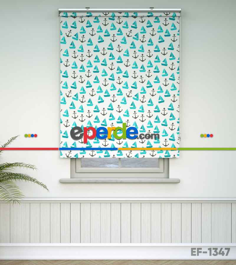 Bebek Odası Stor Perde - Denizci Desenli Baskılı Stor Perde- Çok Renkli