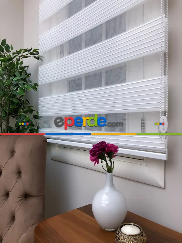 Salon Zebra Perde - Yüksek Kalite Plise Zebra Perde - Beyaz Renk- Beyaz