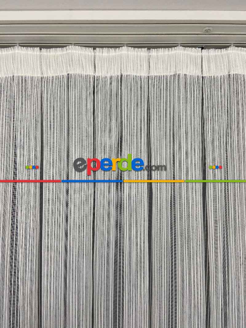 Salon - Boyuno Çizgili Zincir Tül Perde Ekru Renk Kırık Beyaz- Ekru