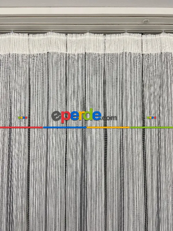 Yatak Odası - Boyuno Çizgili Zincir Tül Perde Ekru Renk Kırık Beyaz- Ekru