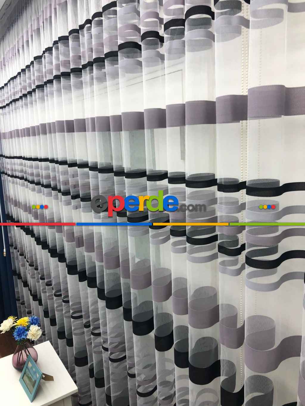 Enine Çizgili Bantlı Spor Tül Perde- Siyah-gri Açık-gri Koyu-ekru - Kurşunlu Tül