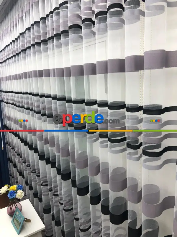 Enine Çizgili Bantlı Spor Tül Perde- Siyah-gri Açık-gri Koyu-ekru - Kurşunlu Tül