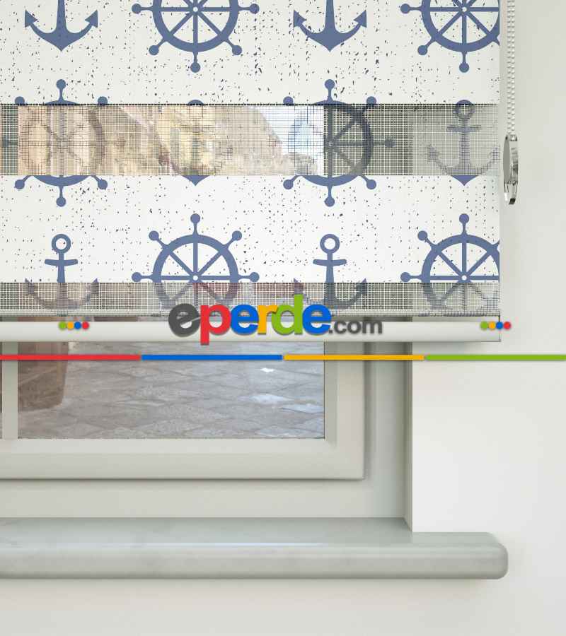 Çocuk Odası Zebra Perde - Dümen Ve Çapa Baskılı Zebra Perde- Mavi-Beyaz