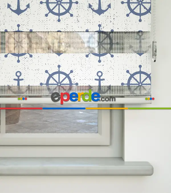 Bebek Odası Zebra Perde - Dümen Ve Çapa Baskılı Zebra Perde- Mavi-Beyaz