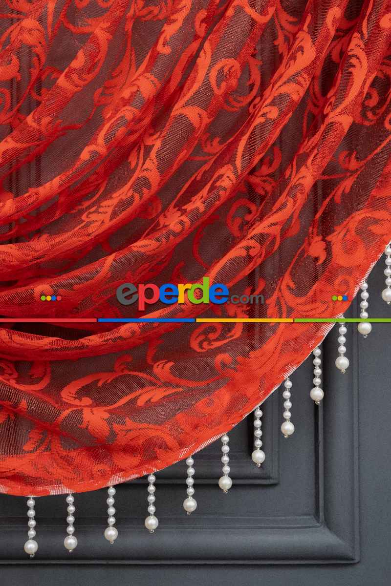 Kırmızı Tül Perde - Sarmaşık Desenli Tül - Kruvaze Model Yanki Tül Perde - Düz Model Seçeneği Var - Örme Tül