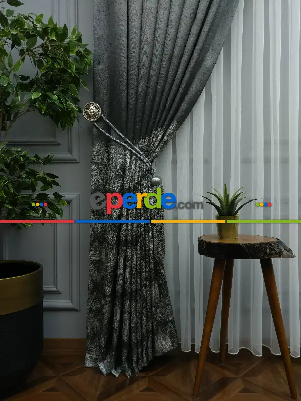 Yatak Odası - PatineDesenli Gri Jakar Fon Perde (180)- Gri