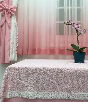 Fonlu Farbalı Tam Takım Perde - Tül Perdesi Hediyedir- Pembe-Ekru
