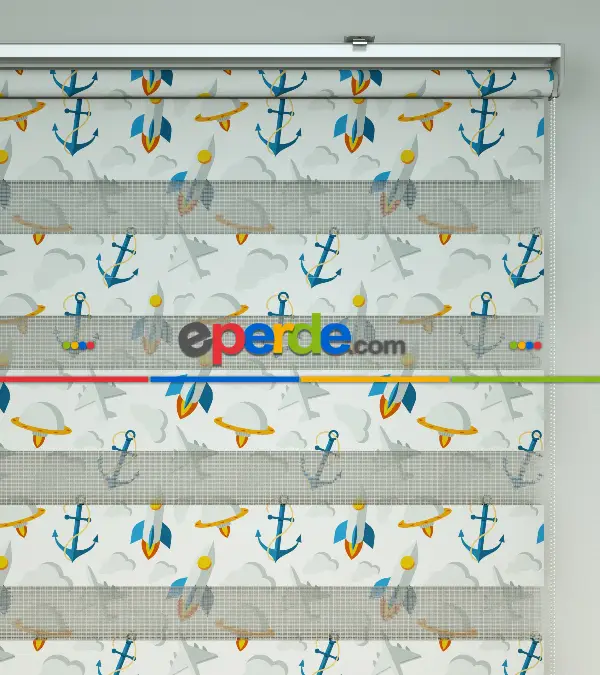 Çocuk Odası Zebra Perde - Çapa Baskılı Zebra Perde- Mavi-Sarı-Beyaz