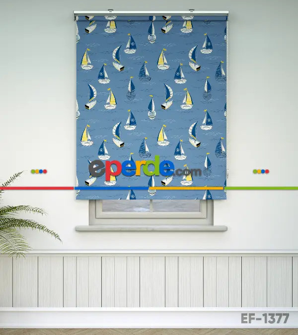 Denizci Desenli Baskılı Stor Perde- Mavi-çok Renkli