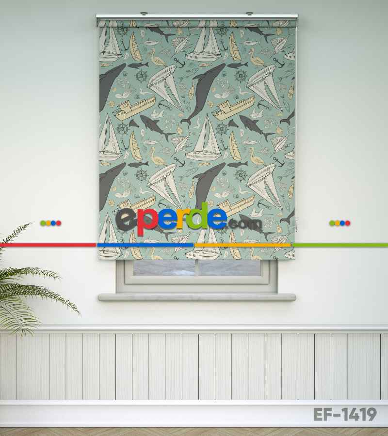 Denizci Desenli Baskılı Stor Perde- Çok Renkli