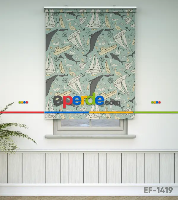 Denizci Desenli Baskılı Stor Perde- Çok Renkli