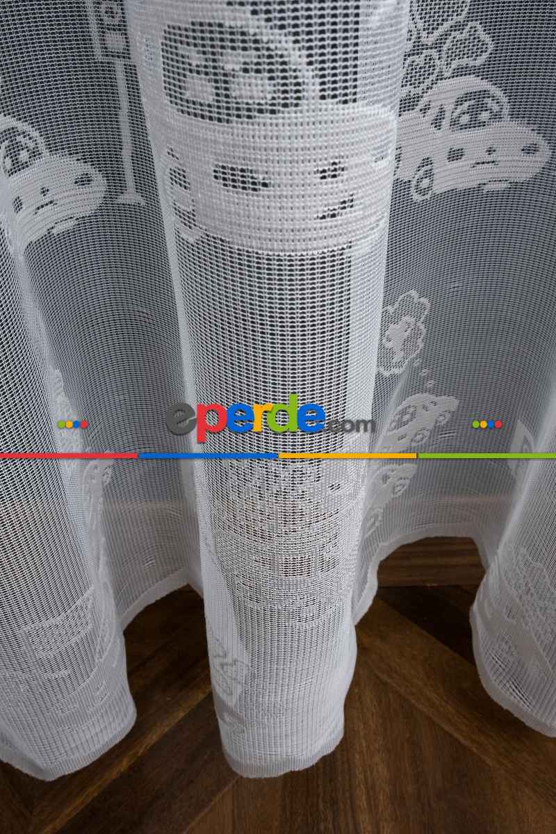 Araba Desenli Ekru Renkli Erkek Çocuk Odası İçin Tül Perde