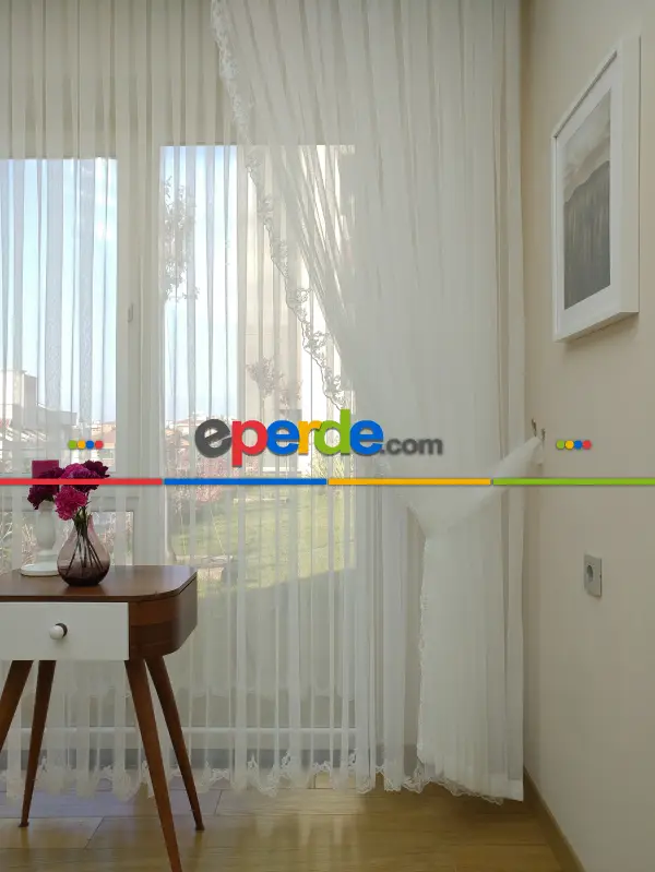 Fansız Dantel Fon Perde Etek Ucu Kortlu Nakış (güpür ) İşlemeli - 3 İçindeki Tül Kodu #22169- Ekru