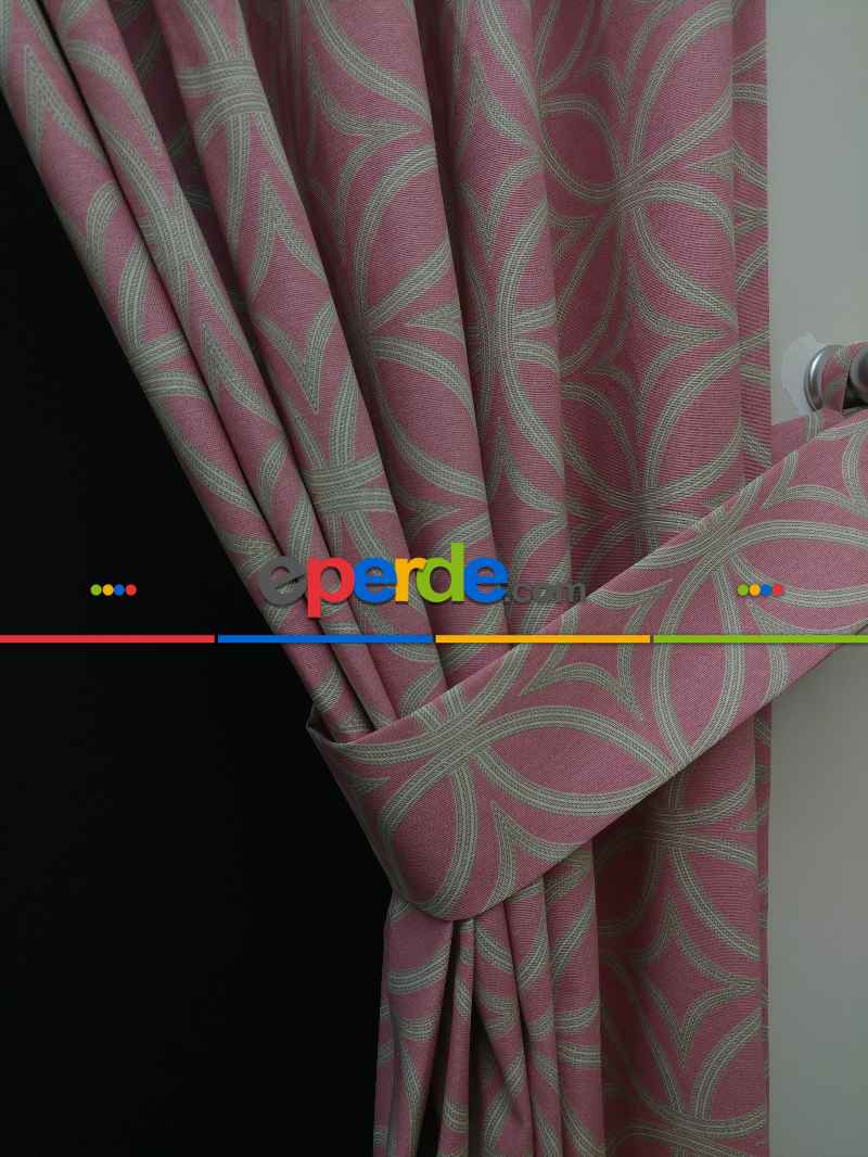 Yatak Odası - Dairesel Desenli Oturma Odası Fon Perde- Pembe Pudra Pembe