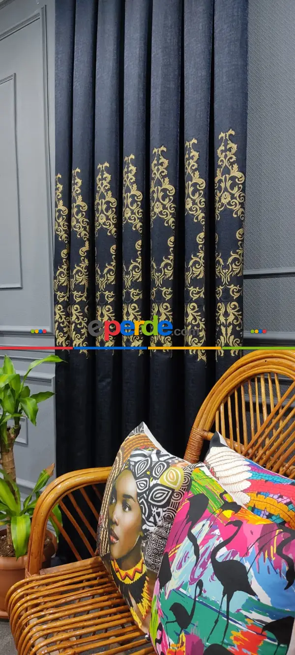 Yatak Odası - Lacivert Damask Desenli, Dokuma Fon Perde, Adet Fiyatıdır, İstediğiniz Boy Ölçüsünde Dikilir, Eni 50 İla 100cm Arası Seçenekler, Sık Piledir 50cm X 1cm 