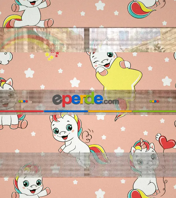 Unicorn Desenli Baskılı Zebra Perde- Çok Renkli